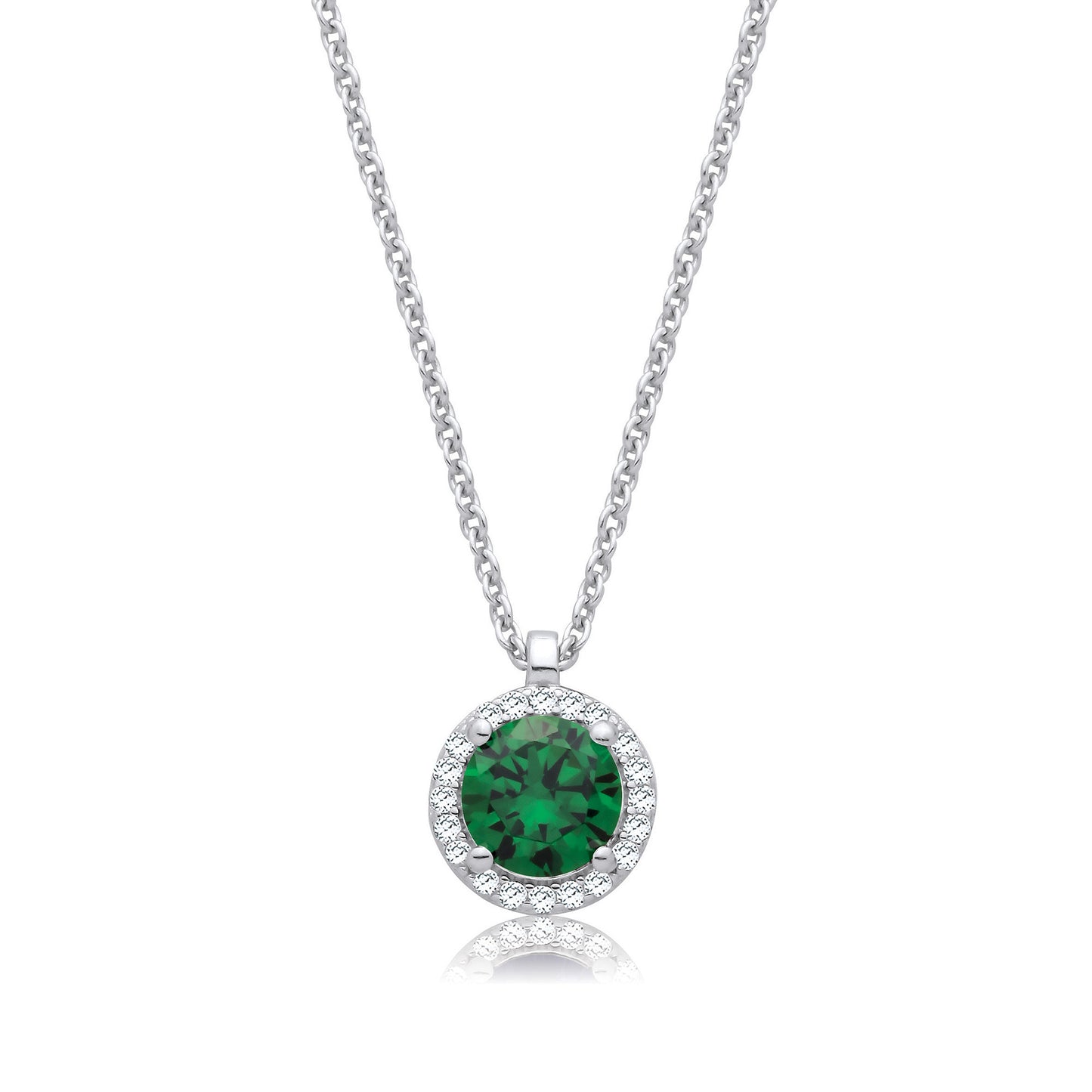 Emerald Green and Clear CZs Halo Pendant with Chain