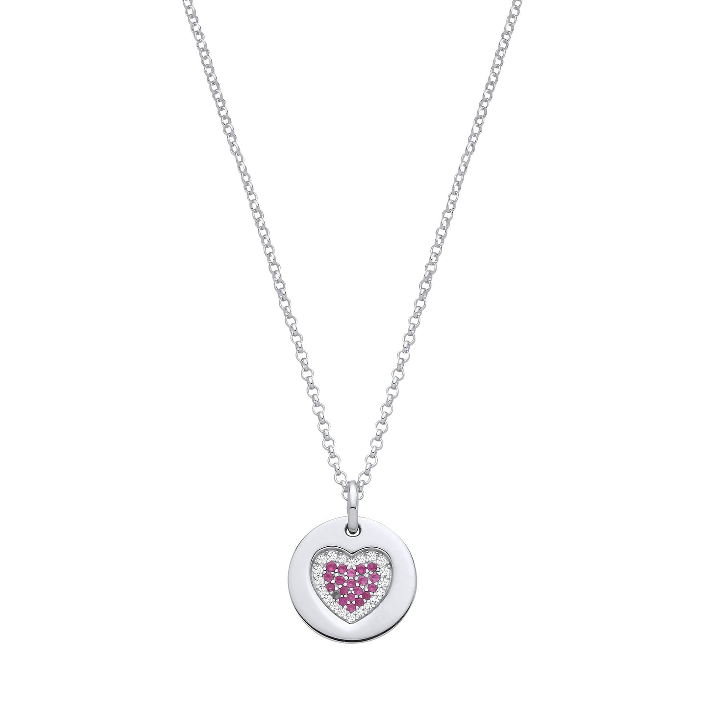 Silver Chain with Pink CZs Heart on Circle Pendant
