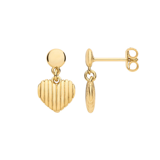 Silver Yellow Gold Plated Ribbed Heart Drop Earrings