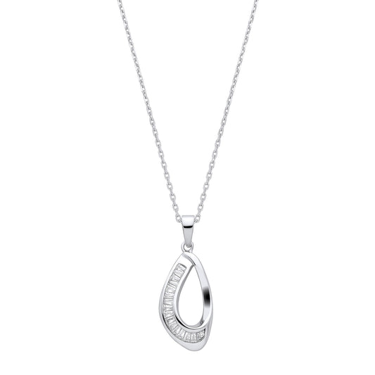 Silver Baguette CZs Open Teardrop Pendant with Chain
