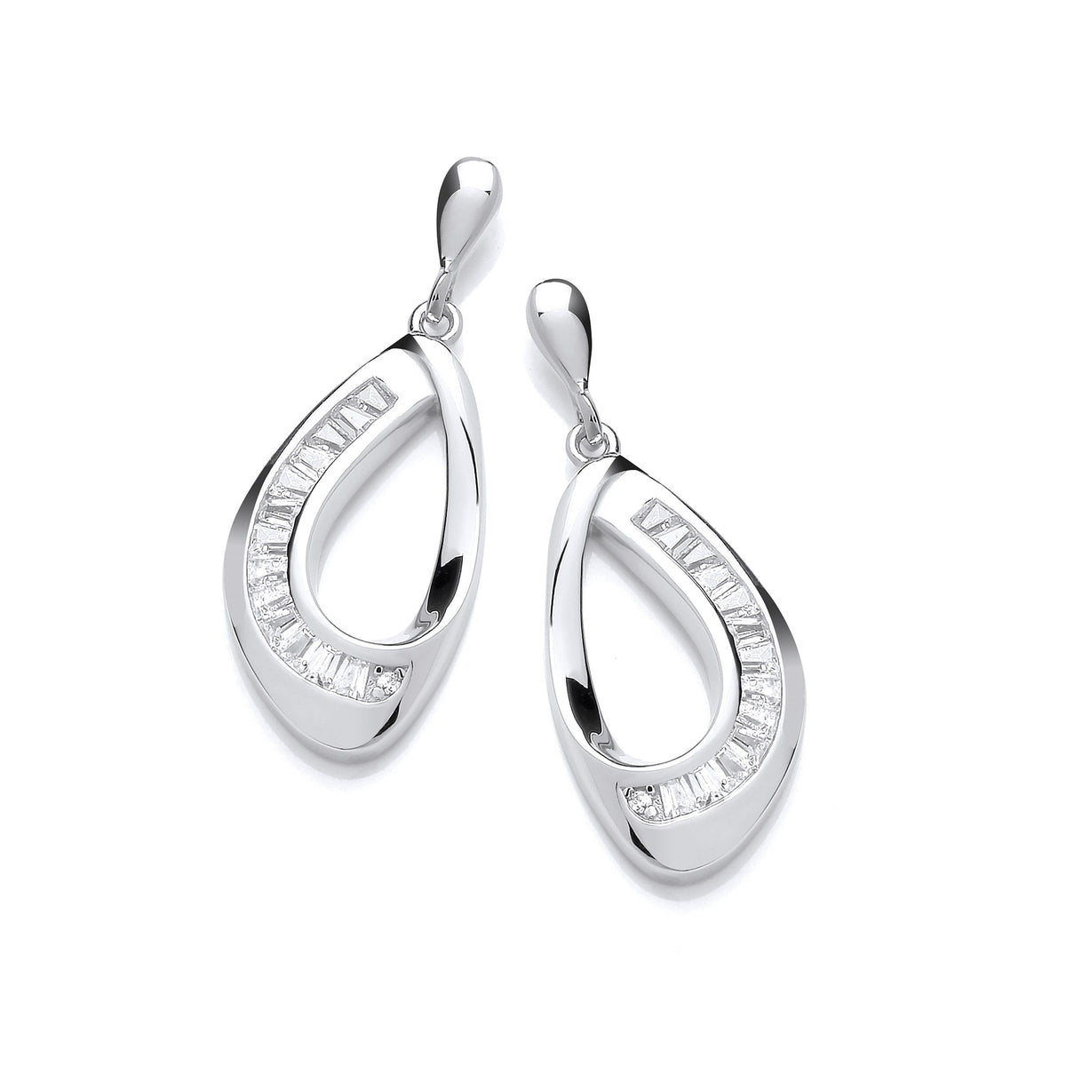 Silver Baguette CZs Open Teardrop Earrings