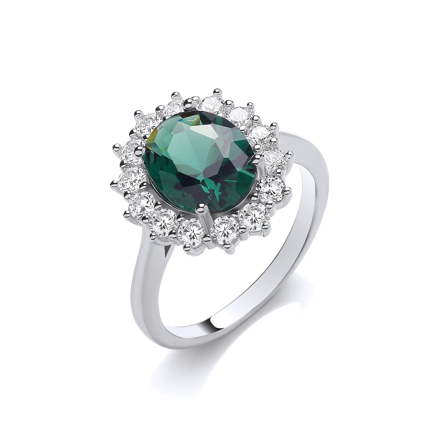 Elegant Oval Green Nano-Crystal Halo Sterling Silver Dress Ring