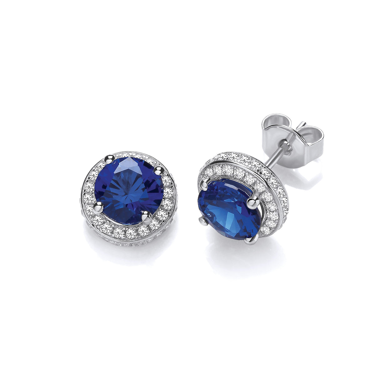 Blue Halo Style Cz Stud Earrings