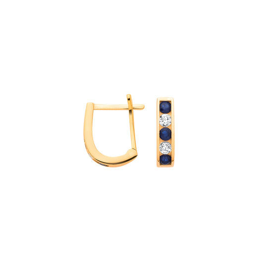 9ct Yellow Gold Blue and Clear Cubic Zirconia Channel-Set Huggie Hoop Earrings