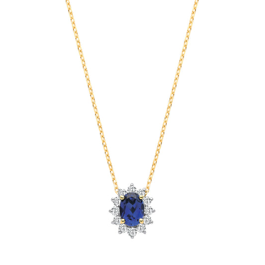 9ct Yellow Gold LAB GROWN 0.30ct Solitaire Diamond & 1.10ct Oval Sapphire Pendant With Chain IGI Certified