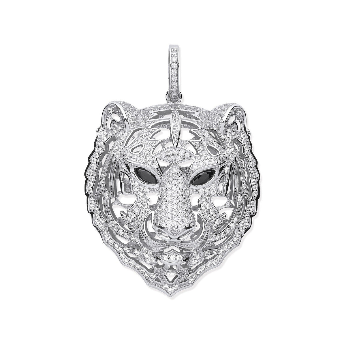 Silver CZ Tiger Head Black CZ Eyes Pendant