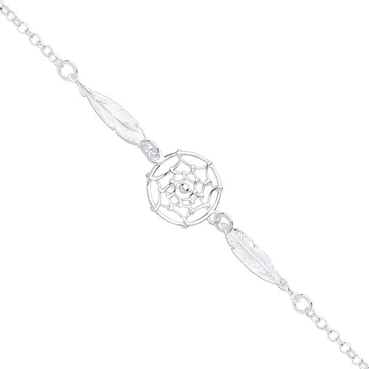 Sterling Silver Dream Catcher & Feather Drop Bracelet