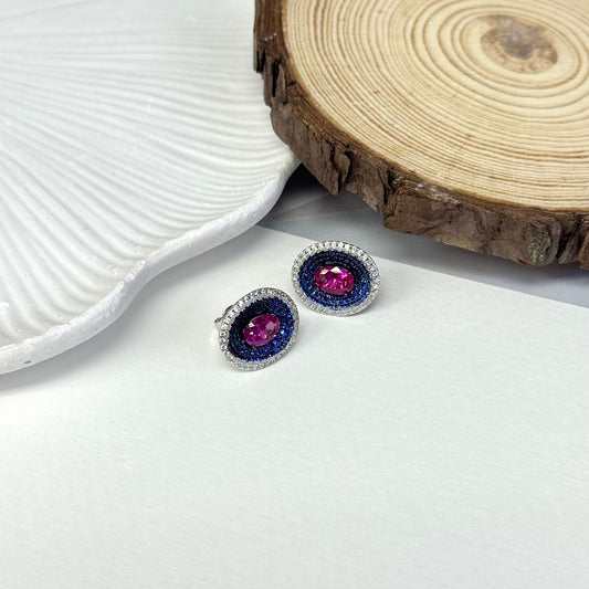 3 Tone Silver Sapphire Pink Topaz & Clear CZ Stud Earrings