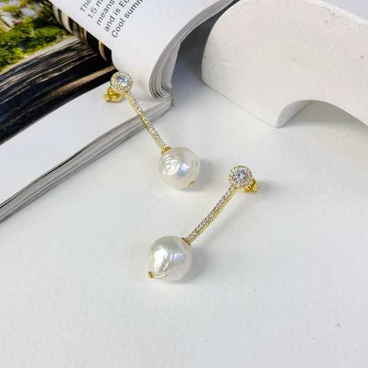 Sterling Silver Baroque Gold Plated Pearl Dangle Earring With CZ
