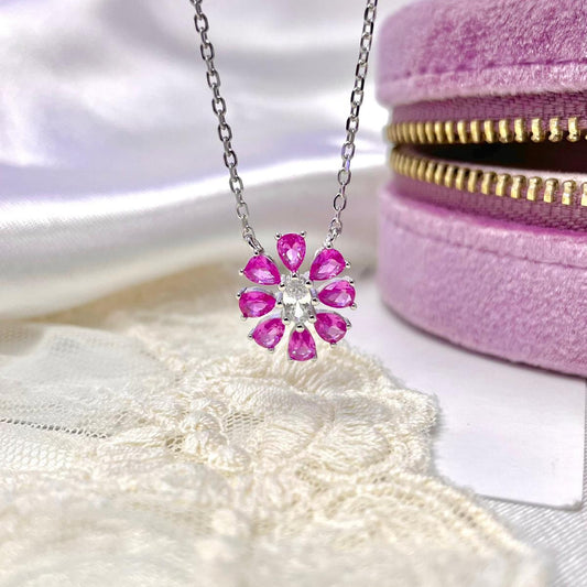 Pink Sapphire Flower Sterling Silver Necklace with White Cubic Zirconium