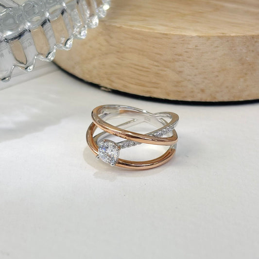 Two Tone Rose Gold Plated & Silver Round CZ Russian Twist Ring