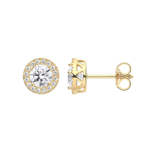9ct Yellow Gold CZ Halo Stud Earrings