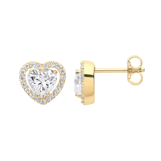 9ct yellow Gold Heart Halo CZ Stud Earrings