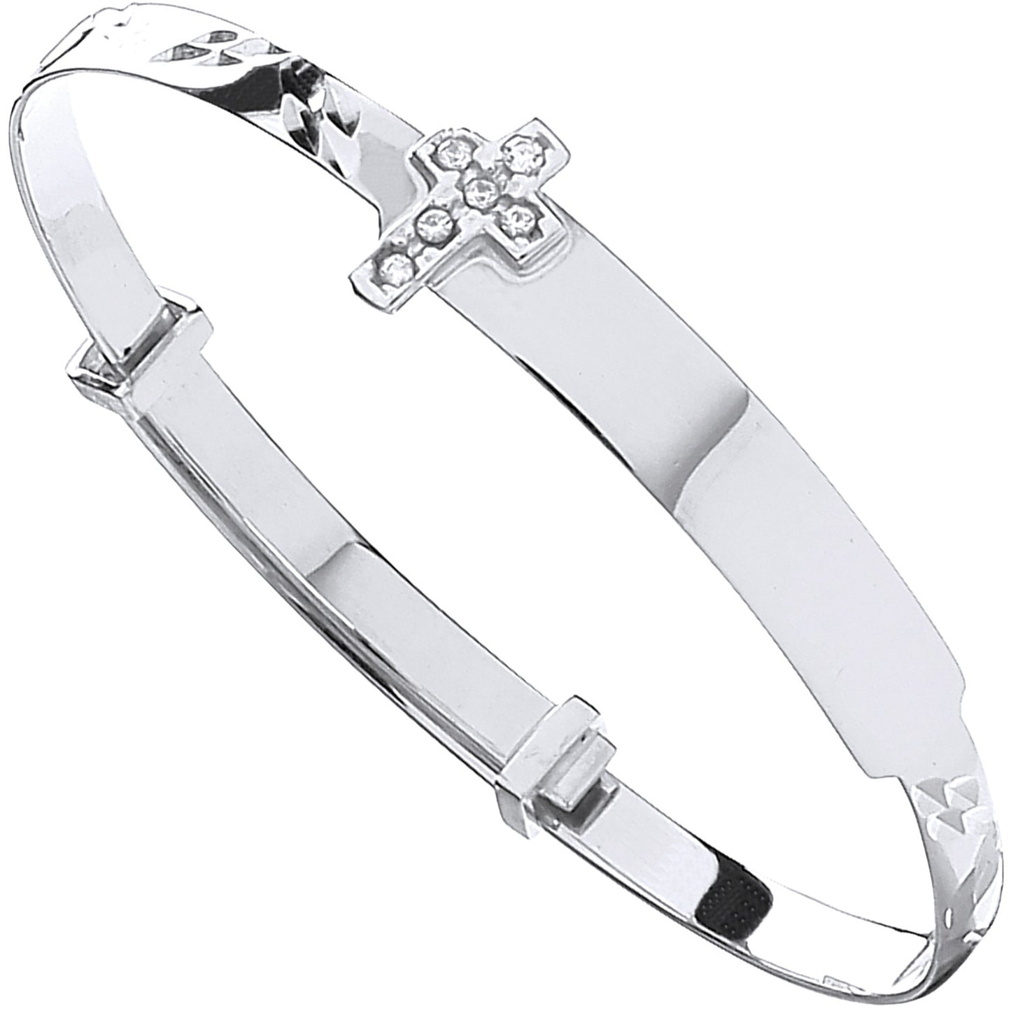 9ct White Gold Diamond-Cut Expandable Baby Bangle with CZ Cross