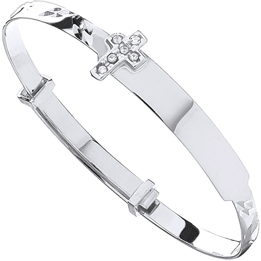 9ct White Gold Diamond-Cut Expandable Baby Bangle with CZ Cross