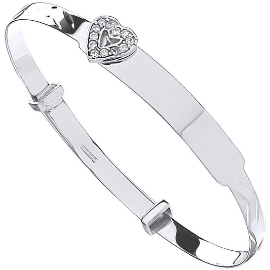 9ct White Gold Diamond-Cut Expandable Baby Bangle with CZ Heart