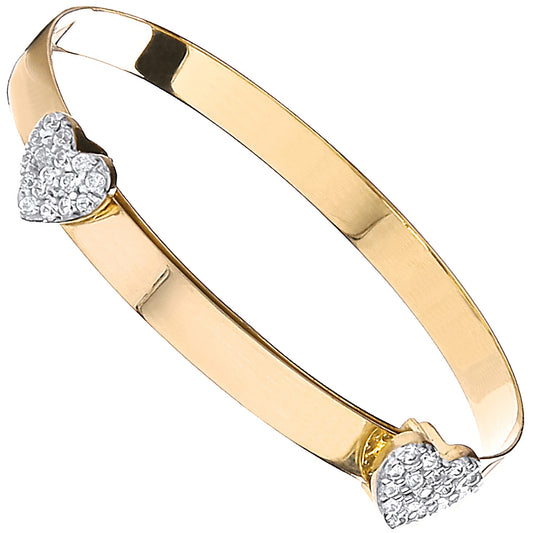 9ct Yellow Gold Expandable Baby Bangle with Two Cubic Zirconia Hearts