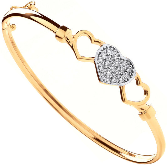 9ct Yellow Gold Three Hearts Cubic Zirconia Baby Oval Bangle