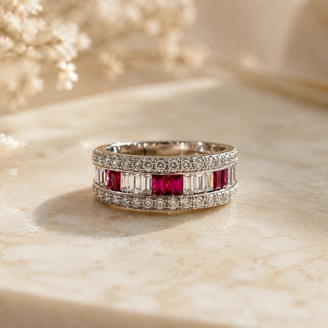 Vintage Platinum Ruby and Baguette-Cut Diamond Ring