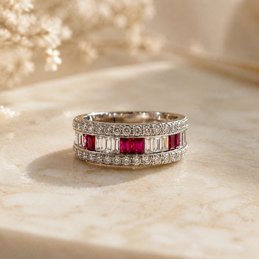 Vintage Platinum Ruby and Baguette-Cut Diamond Ring