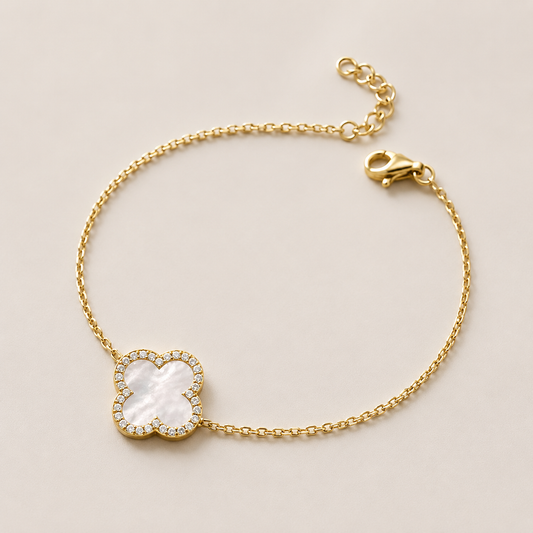 925 Silver 14ct Gold Plated Rhodium Single Clover Bracelet White Mother of Pearl