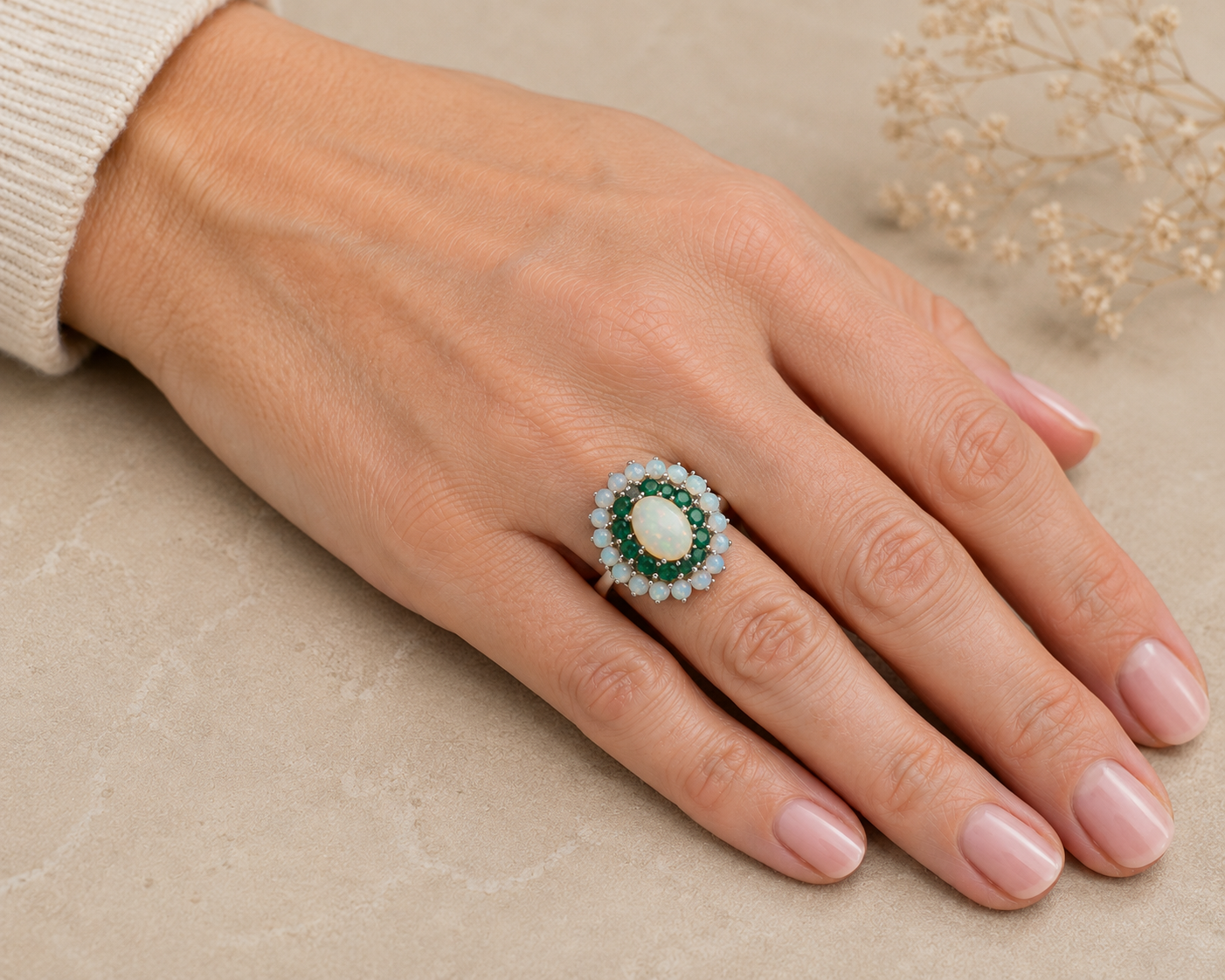 Vintage 18ct White Gold Opal and Emerald Cluster Ring