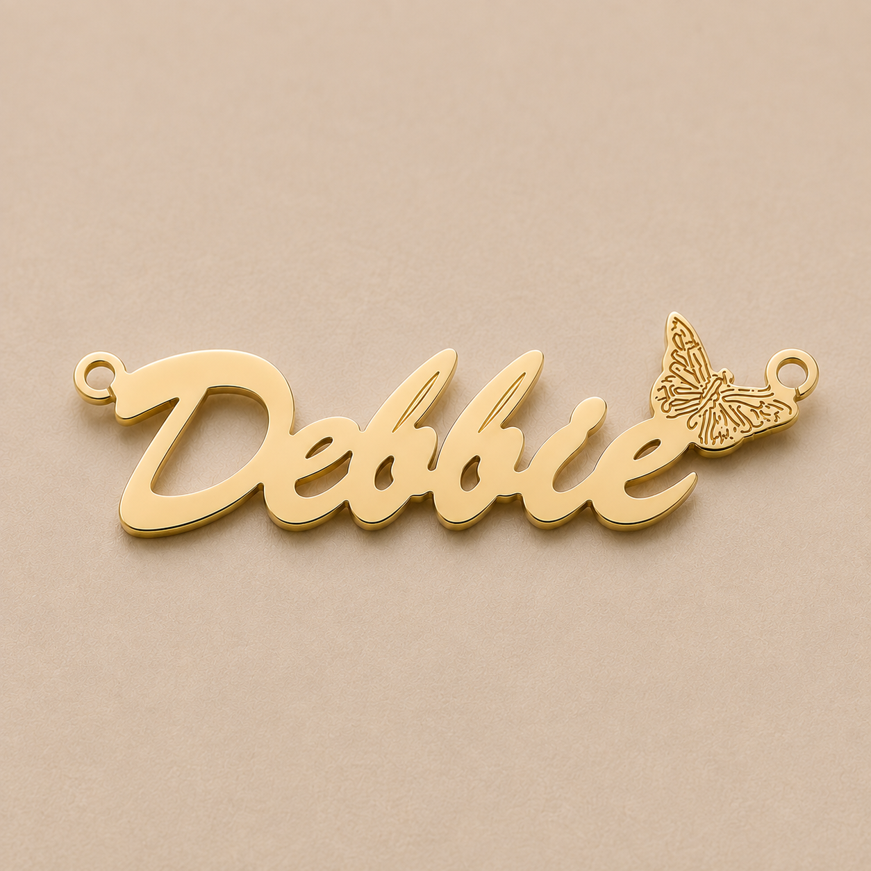 9ct Yellow Gold Custom Script Butterfly Nameplate