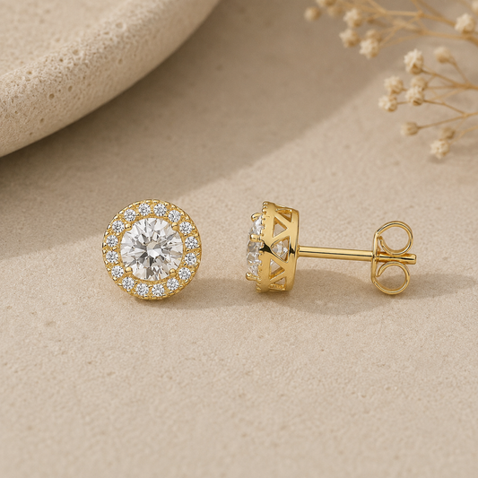 9ct Yellow Gold Cubic Zirconia Halo Stud Earrings