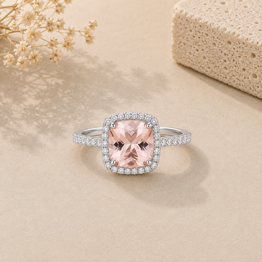 Sterling Silver Cushion-Cut Synthetic Morganite & Cubic Zirconia Halo Ring