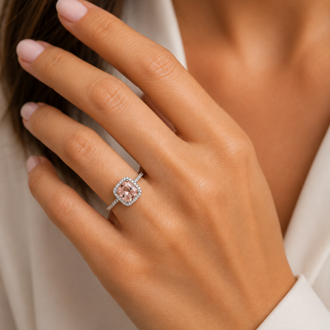 Sterling Silver Cushion-Cut Synthetic Morganite & Cubic Zirconia Halo Ring