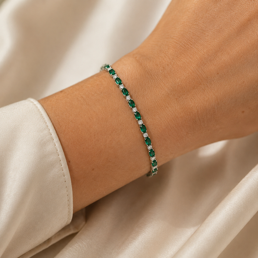Silver Green & Clear CZ Silver Tennis Ladies Bracelet
