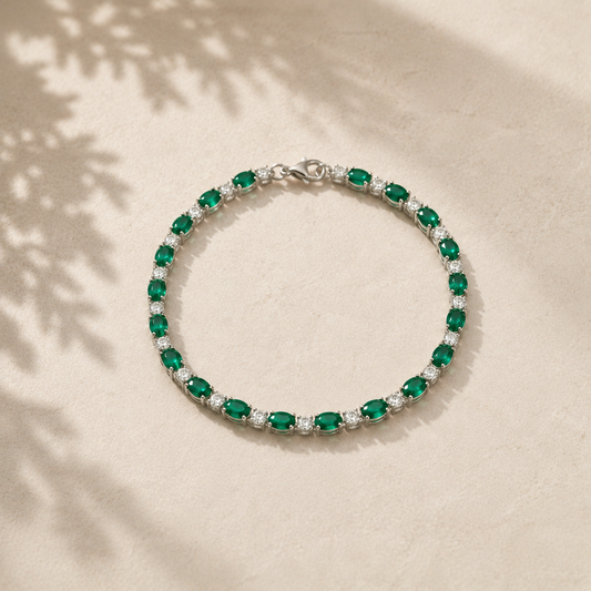 Silver Green & Clear CZ Silver Tennis Ladies Bracelet