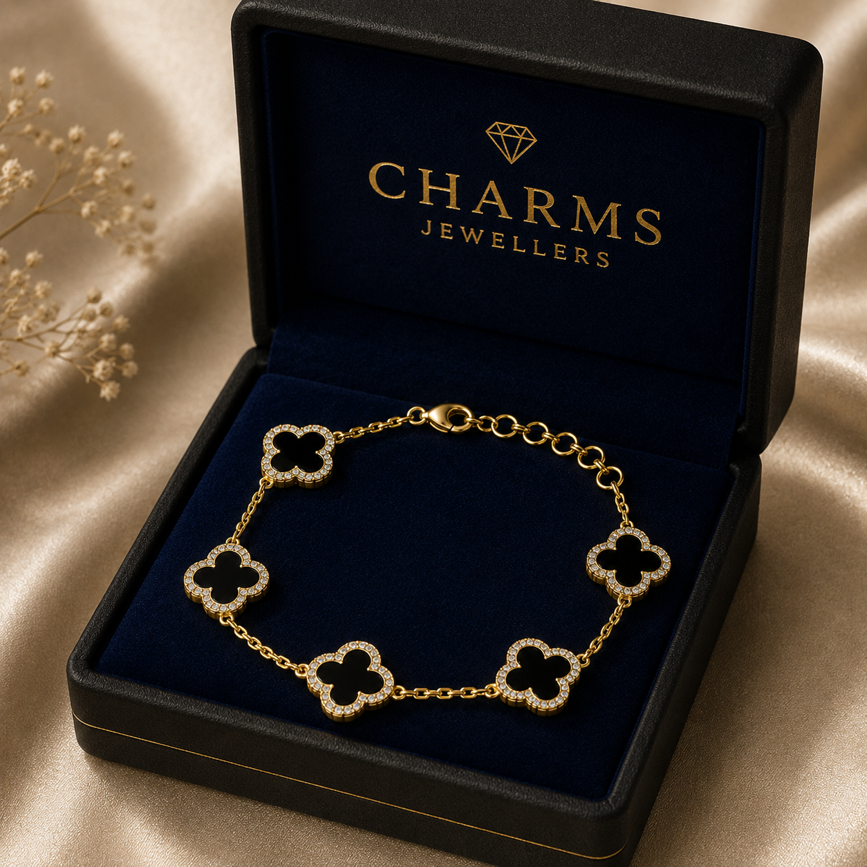 925 Silver 14ct Gold-Plated 5-Clover Bracelet – Black Onyx Colour