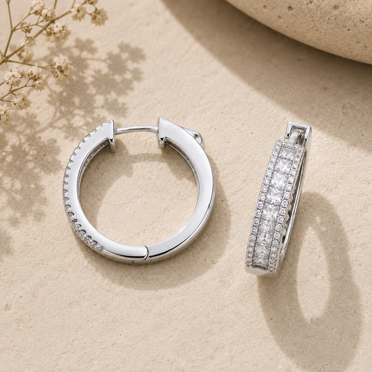 Sterling Silver Princess and Round CZ 21mm Huggie Hoop Earrings