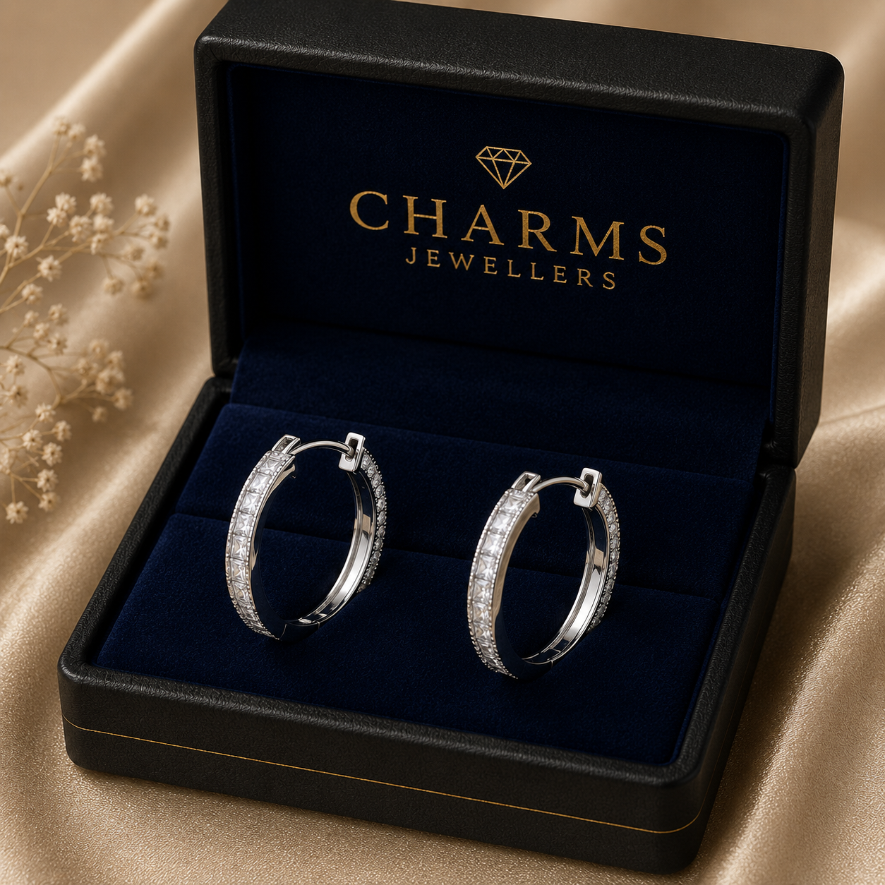 Sterling Silver Princess and Round CZ 21mm Huggie Hoop Earrings