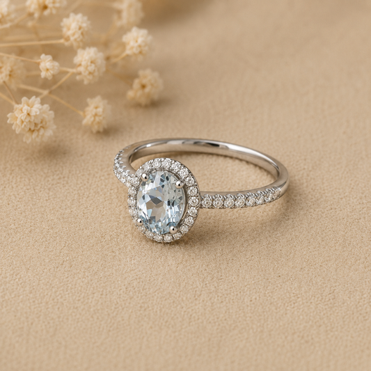 Oval Aquamarine Cubic Zirconia Halo Set Ladies Silver Ring