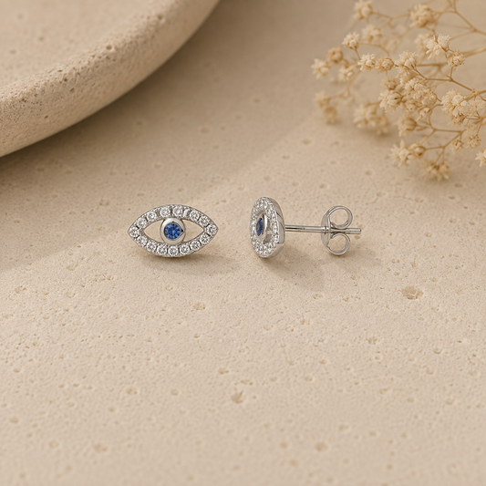 Sterling Silver Cubic Zirconia Evil Eye Stud Earrings
