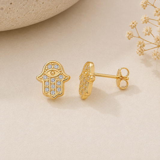 9ct Yellow Gold Hamza with Evil Eye CZ Stud Earrings