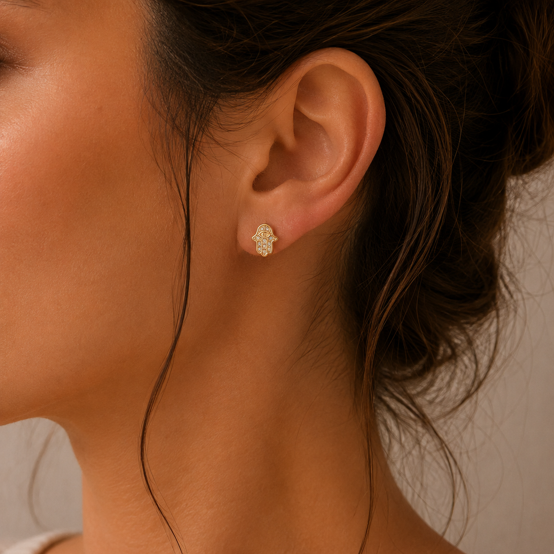 9ct Yellow Gold Hamza with Evil Eye CZ Stud Earrings