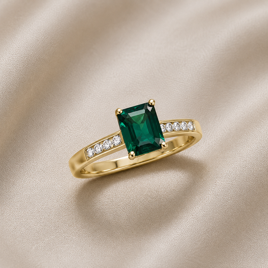 9ct Yellow Gold Emerald-Cut Green Cubic Zirconia Ladies Ring