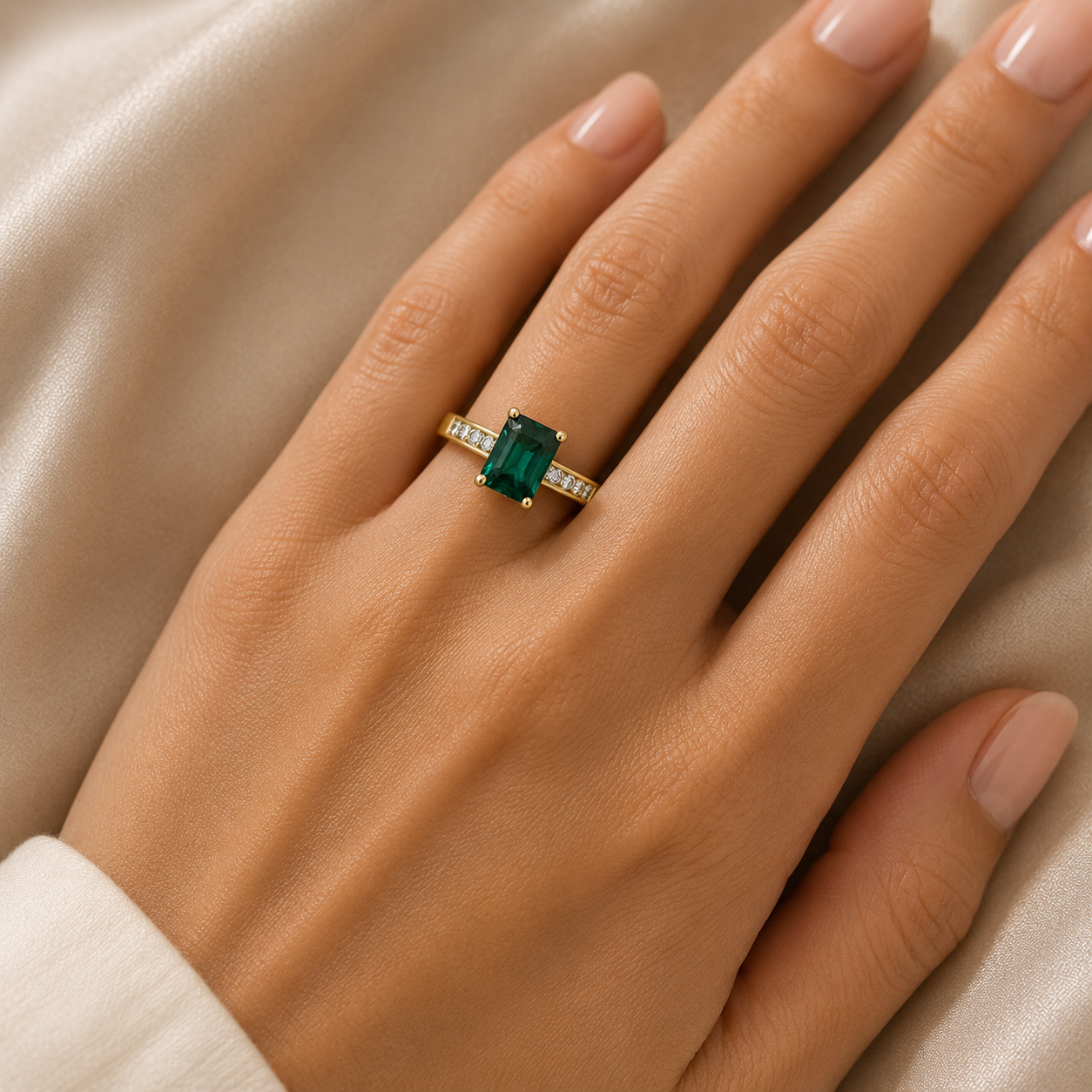 9ct Yellow Gold Emerald-Cut Green Cubic Zirconia Ladies Ring