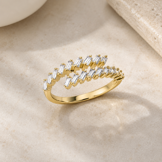 9ct Yellow Gold Crossover Ring with Cubic Zirconia Baguettes