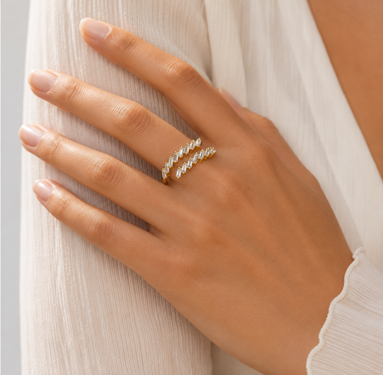 9ct Yellow Gold Crossover Ring with Cubic Zirconia Baguettes