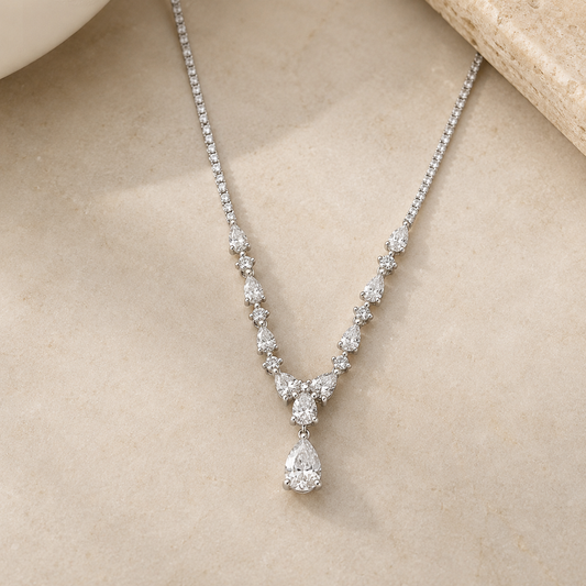 Graduated Pear-Cut Cubic Zirconia Rhodium Plated Silver Tennis Necklace