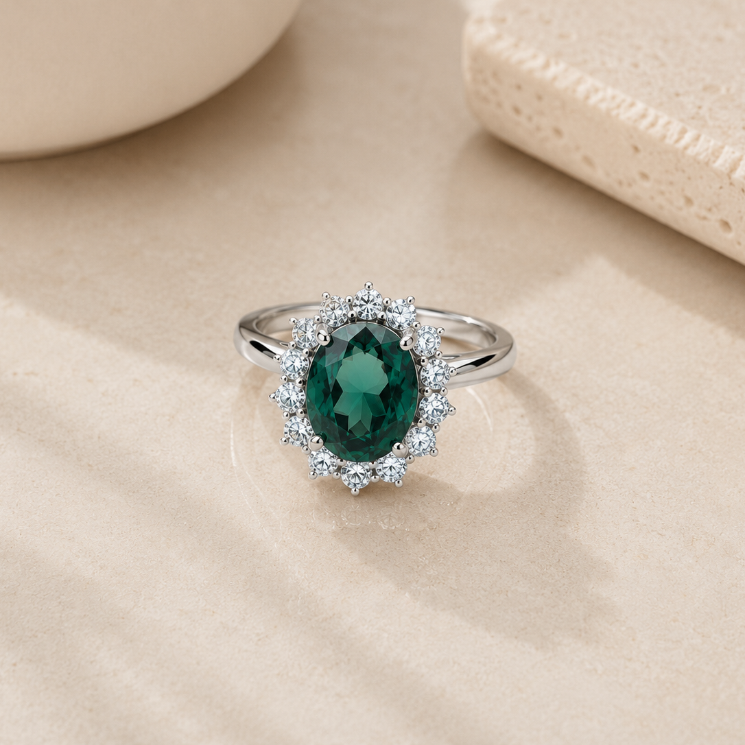 Elegant Oval Green Nano-Crystal Halo Sterling Silver Dress Ring