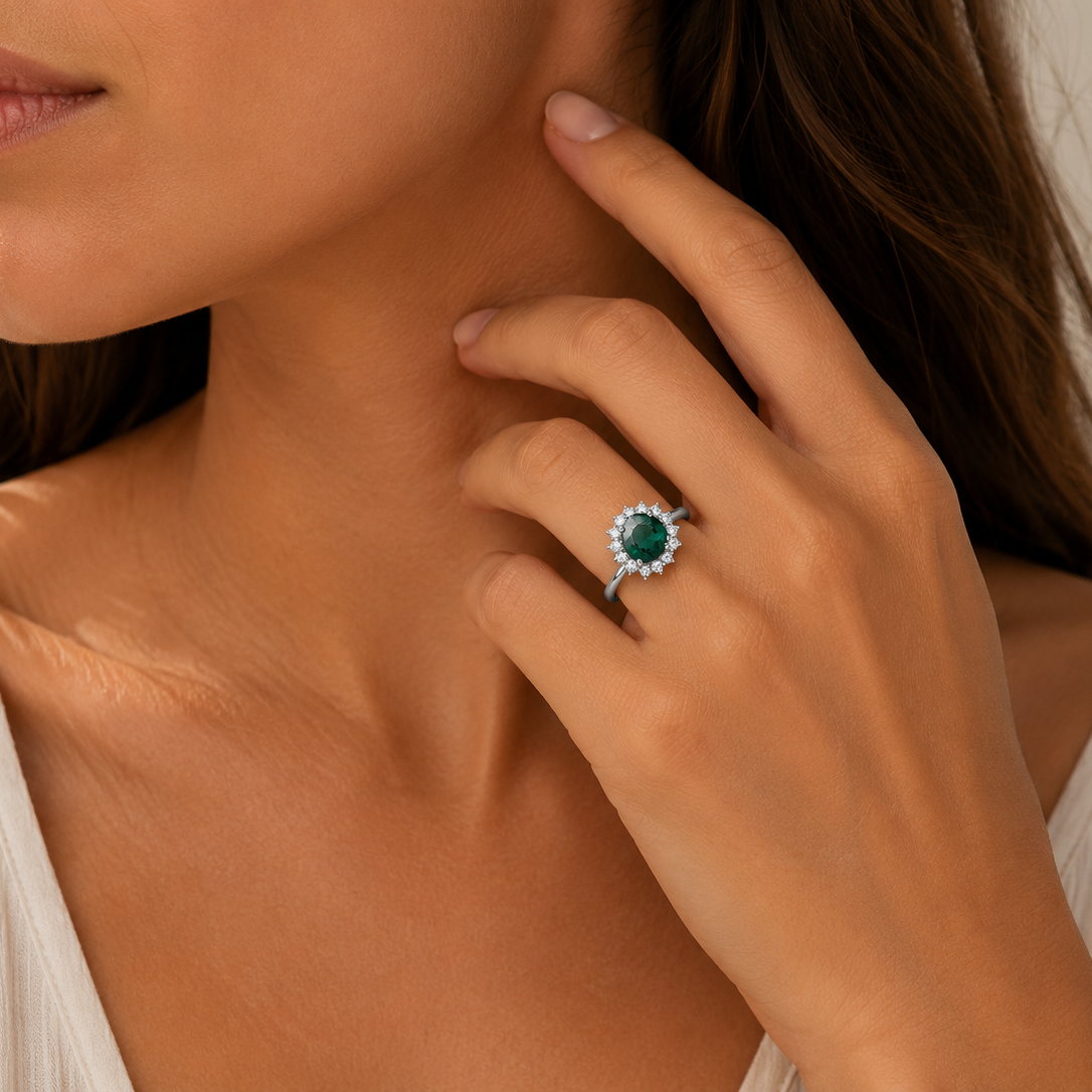 Elegant Oval Green Nano-Crystal Halo Sterling Silver Dress Ring