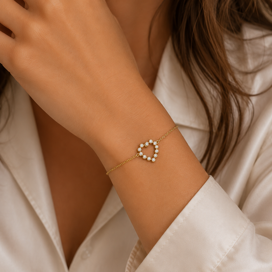 Yellow Gold-Plated Sterling Silver Heart Rubover Cubic Zirconia Ladies Bracelet