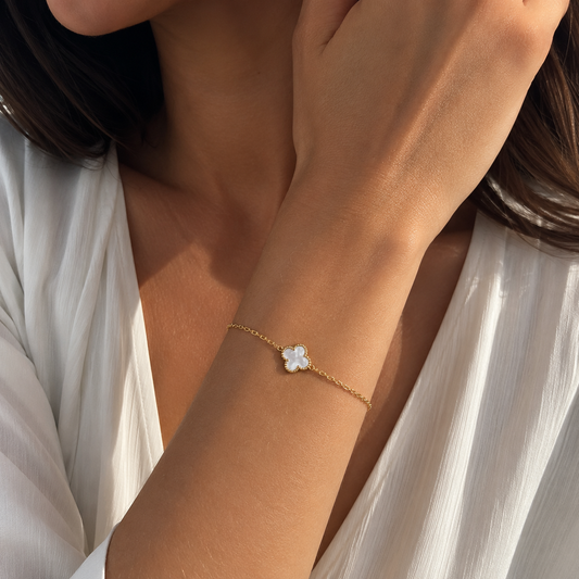 925 Silver 14ct Gold Plated Rhodium Single Clover Bracelet White Mother of Pearl