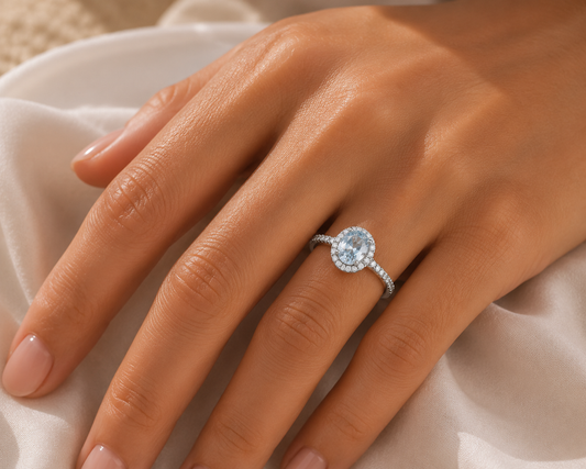Oval Aquamarine Cubic Zirconia Halo Set Ladies Silver Ring