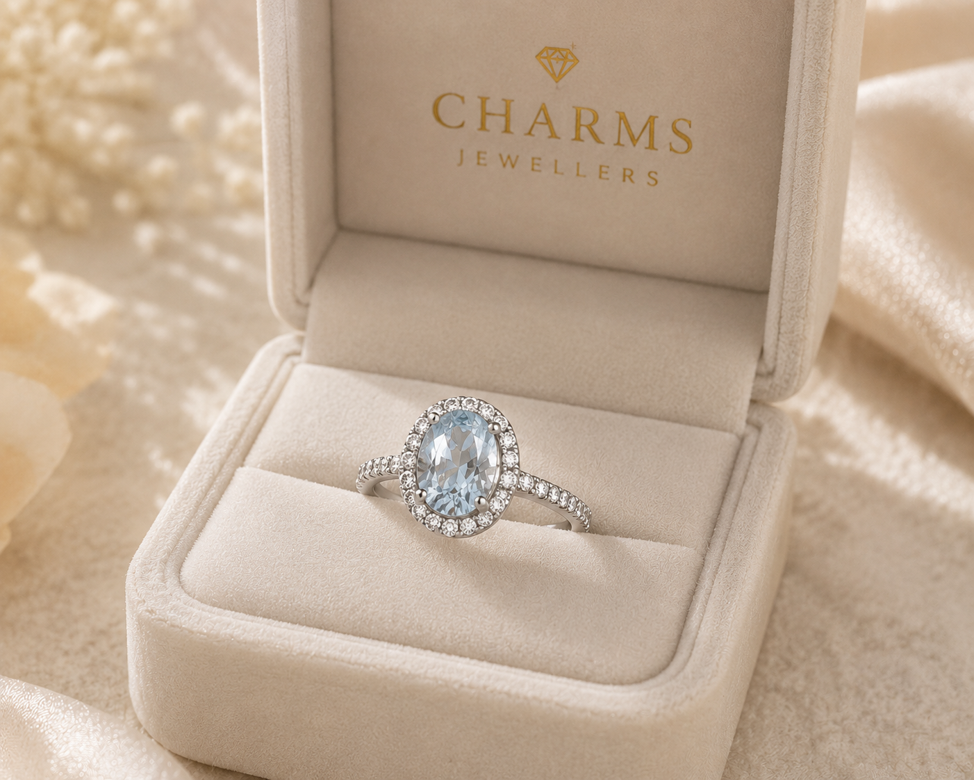 Oval Aquamarine Cubic Zirconia Halo Set Ladies Silver Ring